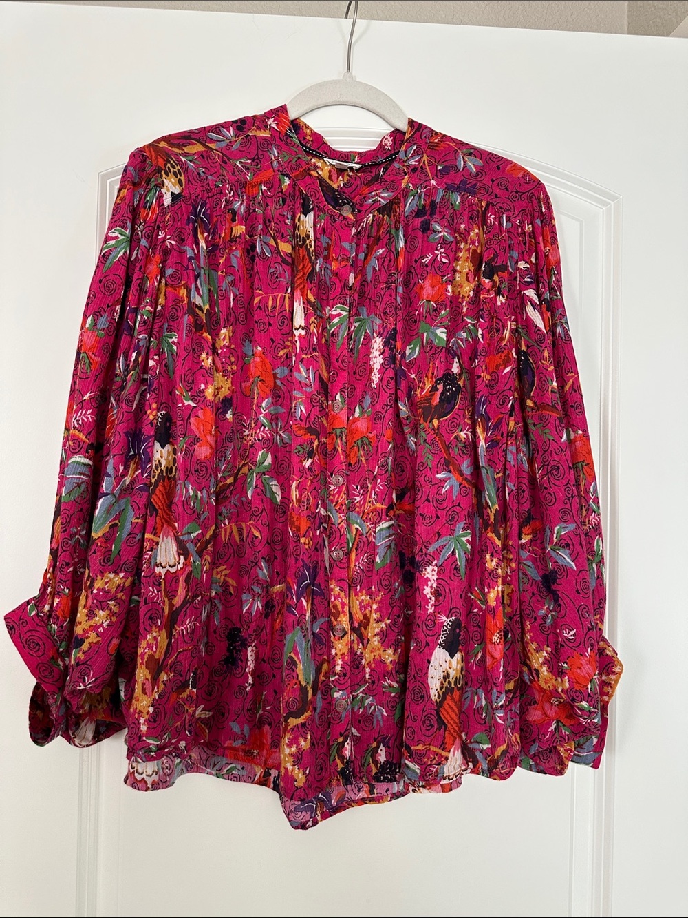 Pilcro Floral Button-Front Blouse in Fuchsia Pink and Multicolor